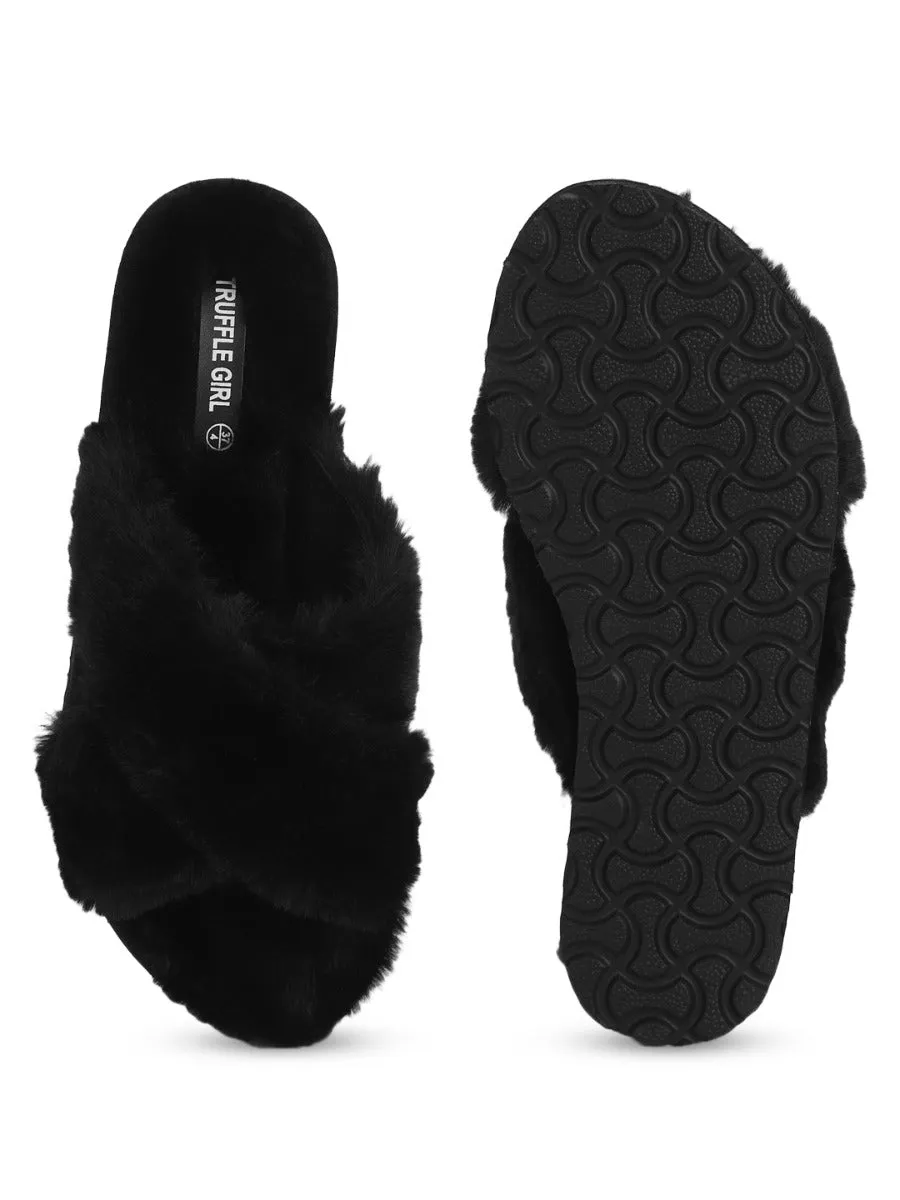 Black Fuzzy Fur Slip Ons