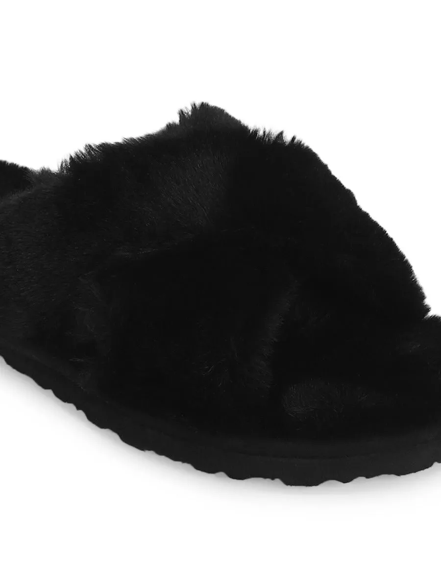 Black Fuzzy Fur Slip Ons