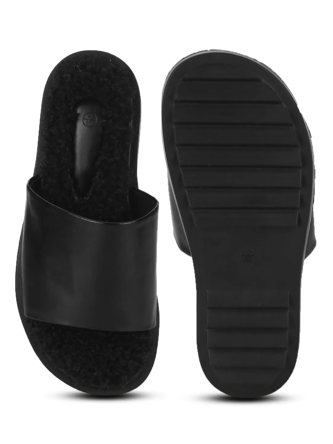 Black PU Faux Fur Fuzzy Slip Ons