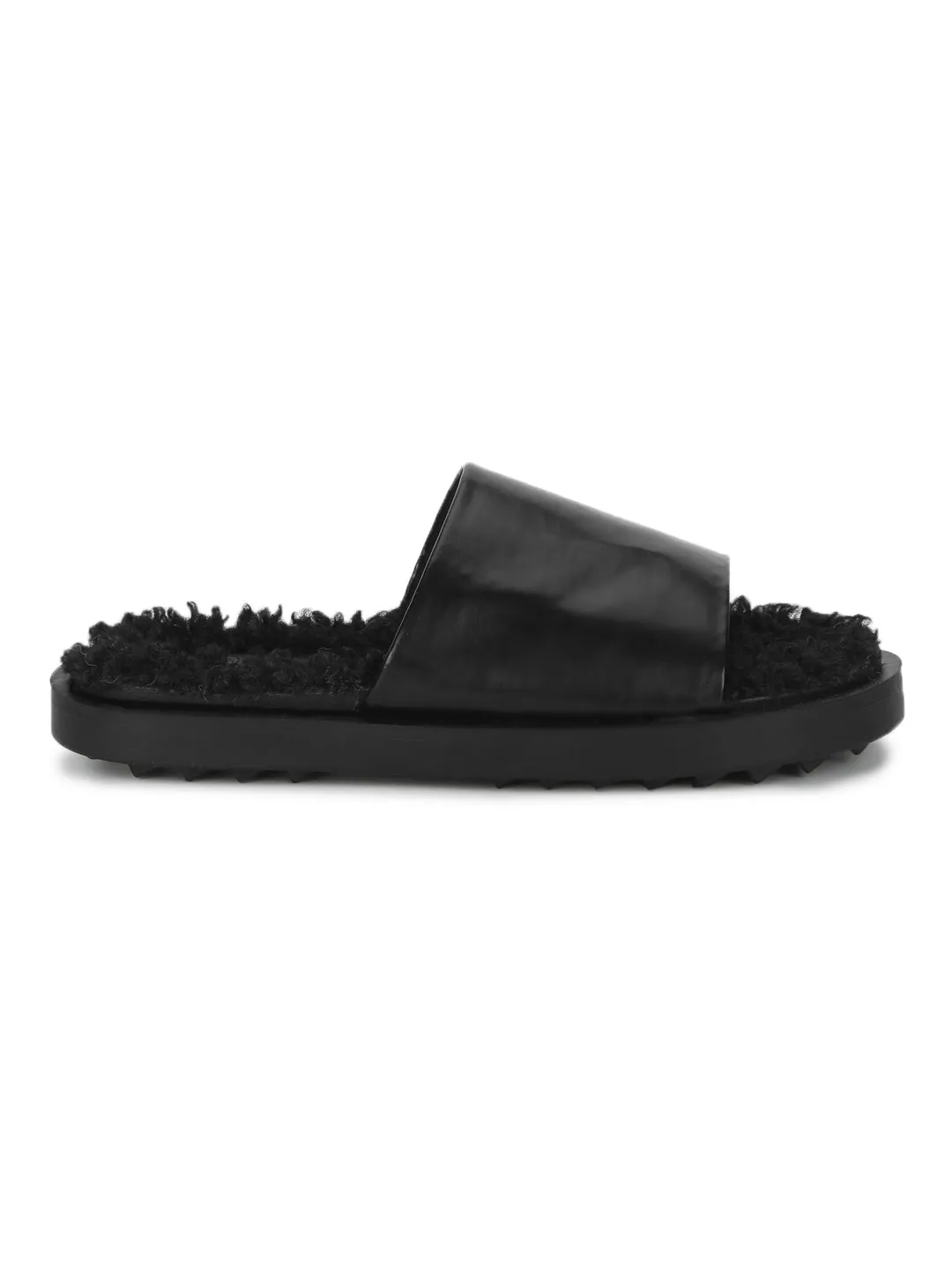 Black PU Faux Fur Fuzzy Slip Ons