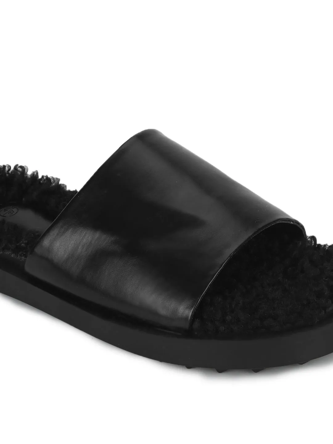 Black PU Faux Fur Fuzzy Slip Ons