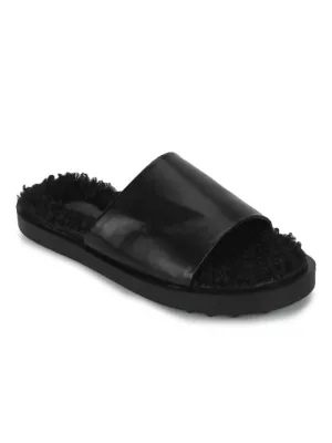 Black PU Faux Fur Fuzzy Slip Ons