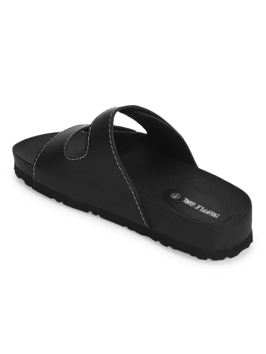 Black PU Slip Ons With Front Straps