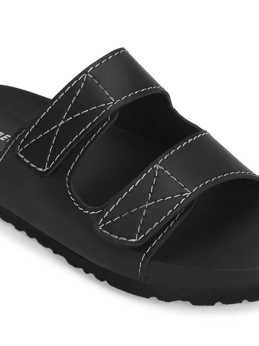 Black PU Slip Ons With Front Straps