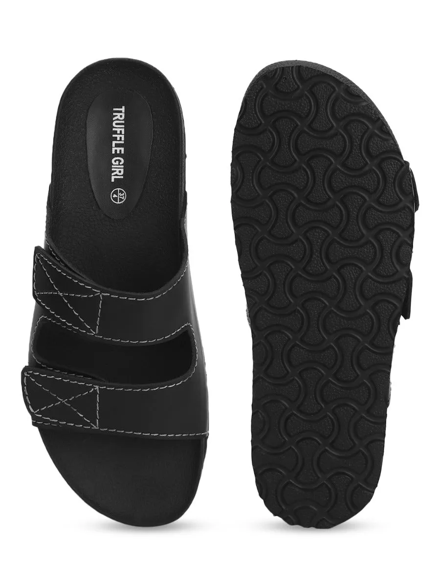 Black PU Slip Ons With Front Straps