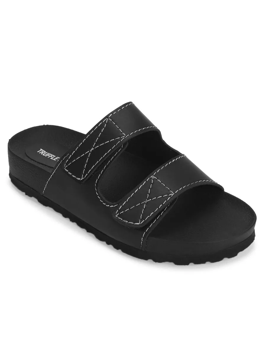 Black PU Slip Ons With Front Straps