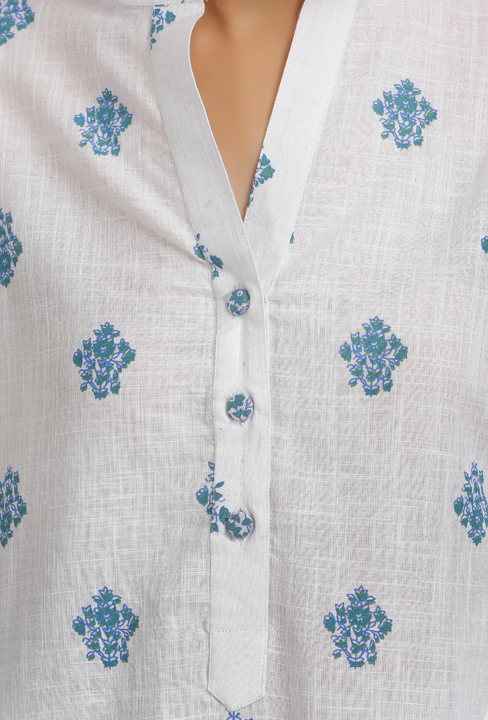 Blue and Green Block Printed Cotton Flared Kurta