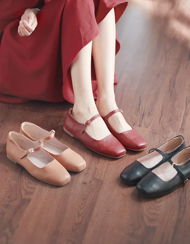 Comfortable Soft Leather Square Toe Strap Flats 34-41