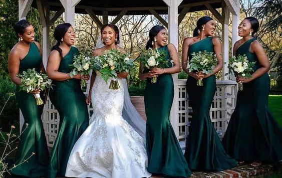 Elegant One Shoulder Mermaid Dark Green Satin Long Bridesmaid Dresses Online, BG676