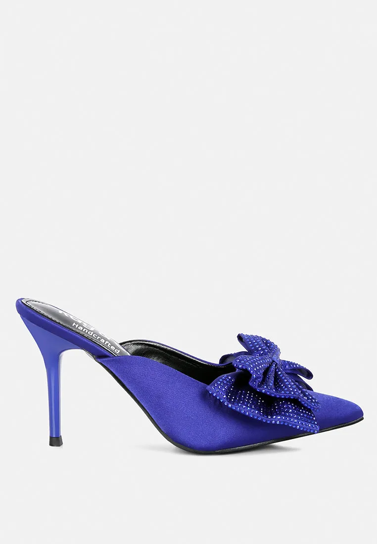 Elisda Blue Diamante Bow Heeled Mules