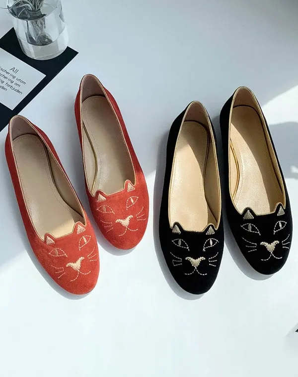 Embroidered Cat Suede Round Head Comfortable Flats