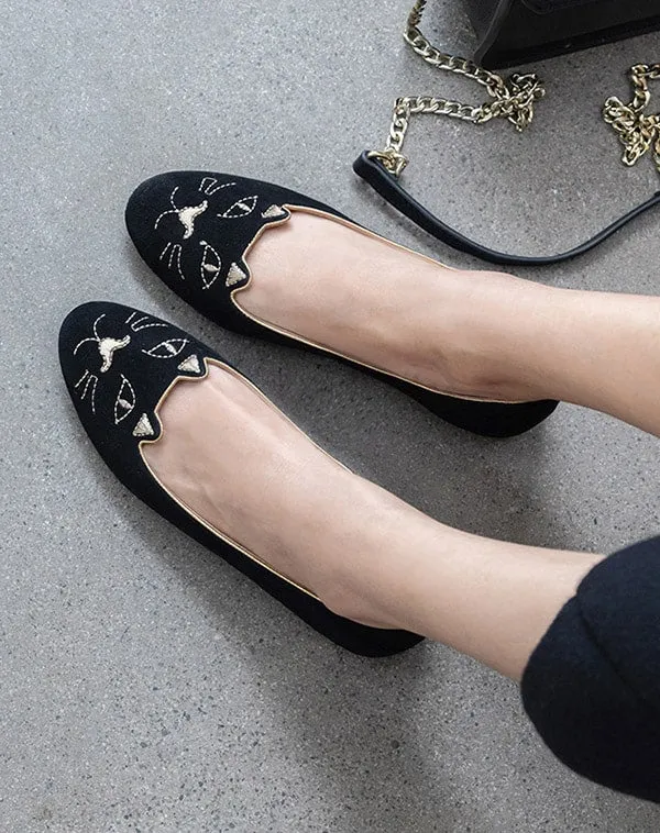 Embroidered Cat Suede Round Head Comfortable Flats