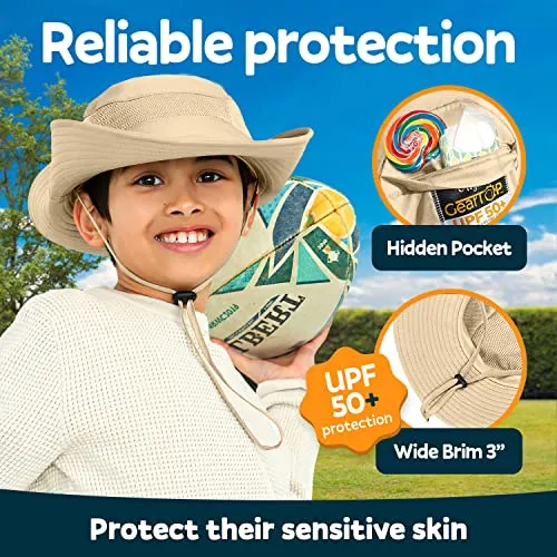 GearTOP UPF 50  Kids Sun hat to Protect Against UV Sun Rays - Kids Bucket Hat and Sun Hats for Kids Camping Fishing Safari Beige