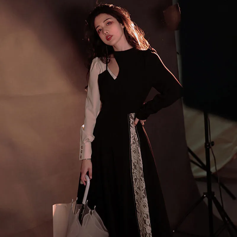 Joskaa Back to College 2024 Spring Design One Piece Dress Korea Casual Long Sleeve Lace Elegant Vintage Dress Women Fake Two Piece Sweet Midi Dress Y2k