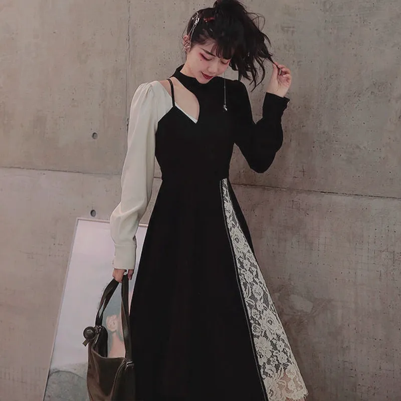 Joskaa Back to College 2024 Spring Design One Piece Dress Korea Casual Long Sleeve Lace Elegant Vintage Dress Women Fake Two Piece Sweet Midi Dress Y2k