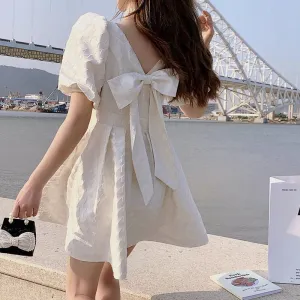 Joskaa hoco dresses Back to College White Elegant Dress Women Square Collar Elegant Vintage Dress Bow Design Office Lady One Piece Dress Korean 2024 Summer Chic