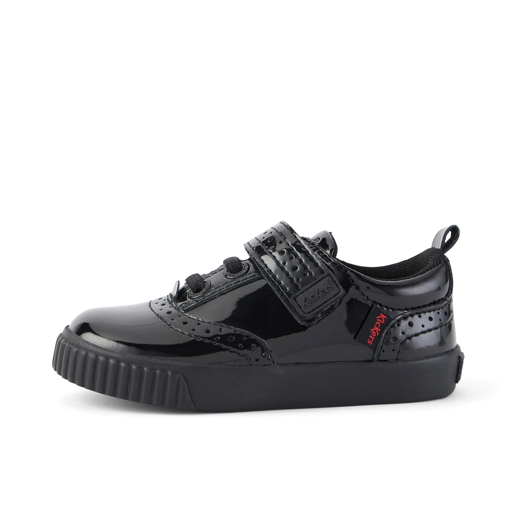 Kickers: Tovni Brogue Velcro Girls School Shoes - Black Patent