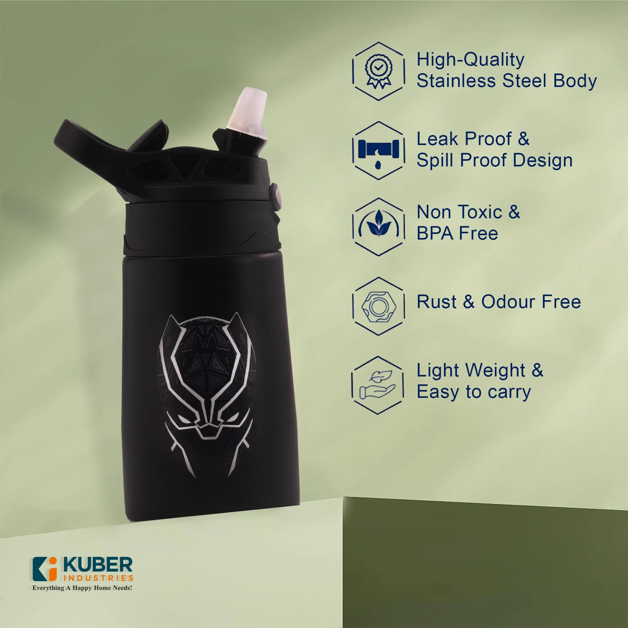 Kuber Industries 350 ml Insulated Water Bottle | Black Panther Kids Water Bottle | Stainless Steel Kids Water Bottle | Water Bottle with Push-Button Flip Lid | Bottle For School | Black | Pack of 6