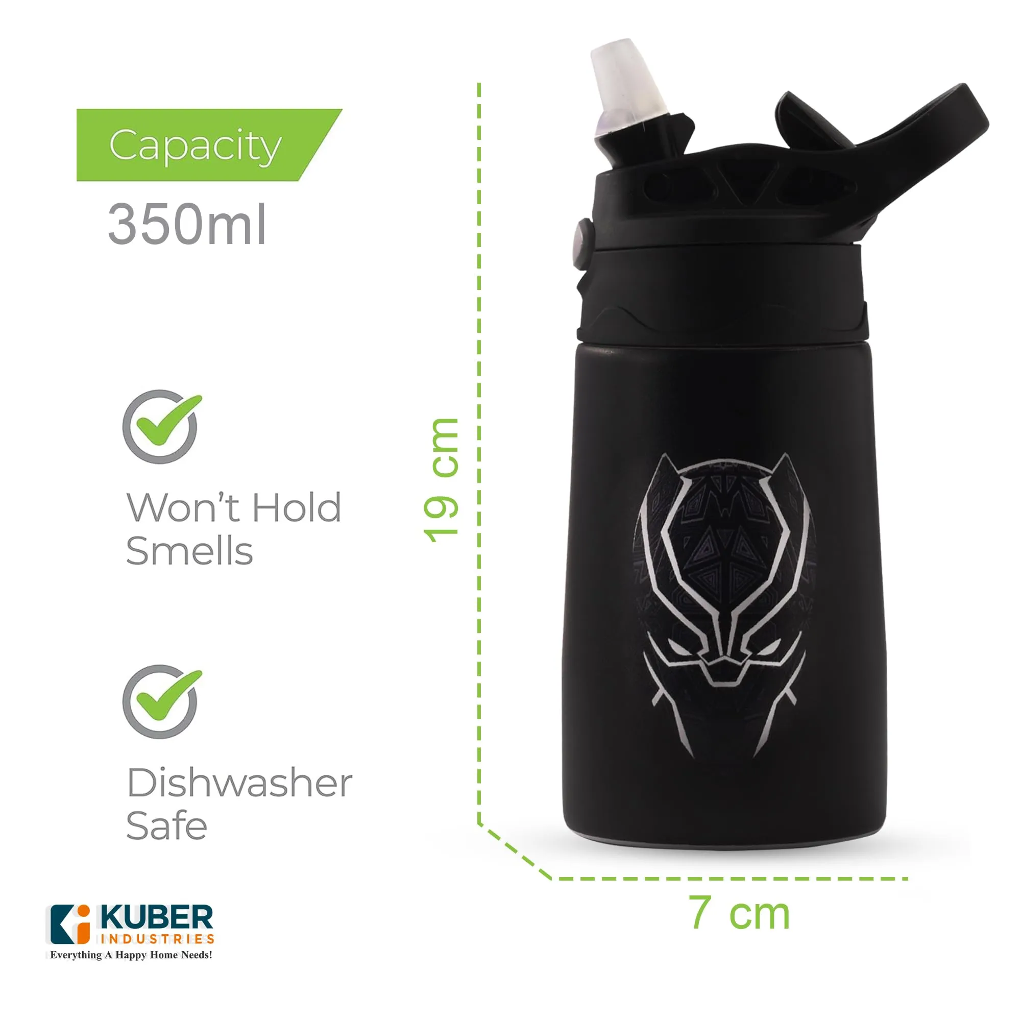 Kuber Industries 350 ml Insulated Water Bottle | Black Panther Kids Water Bottle | Stainless Steel Kids Water Bottle | Water Bottle with Push-Button Flip Lid | Bottle For School | Black | Pack of 6