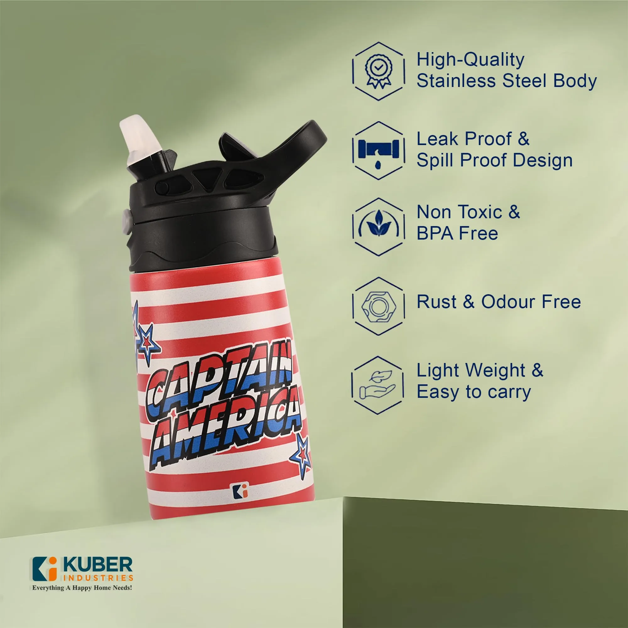 Kuber Industries 350 ml Insulated Water Bottle | Captain America Kids Water Bottle | Stainless Steel Kids Water Bottle | Water Bottle with Push-Button Flip Lid | Bottle For School | Red | Pack of 5