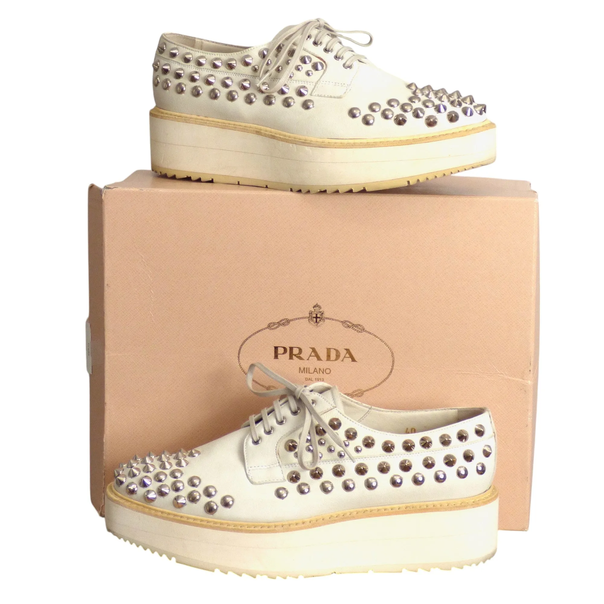 PRADA- Grey Leather Studded Platform Oxfords, Size 40