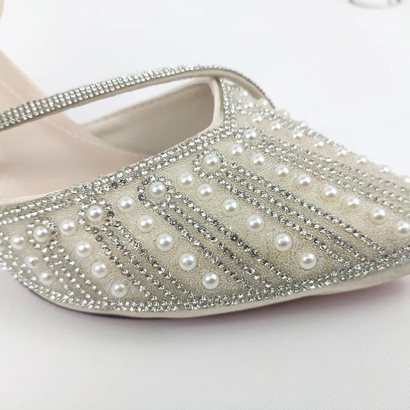 Rimocy Slingbacks Crystal Pumps Woemn Sexy Super High Heels Wedding Party Shoes Woman Pearl Stiletto Heel Gladiator Shoes Sandal