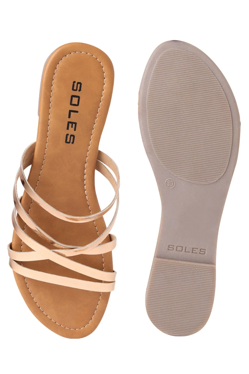 SOLES Rose Gold Flat Sandals - Luxurious Elegance