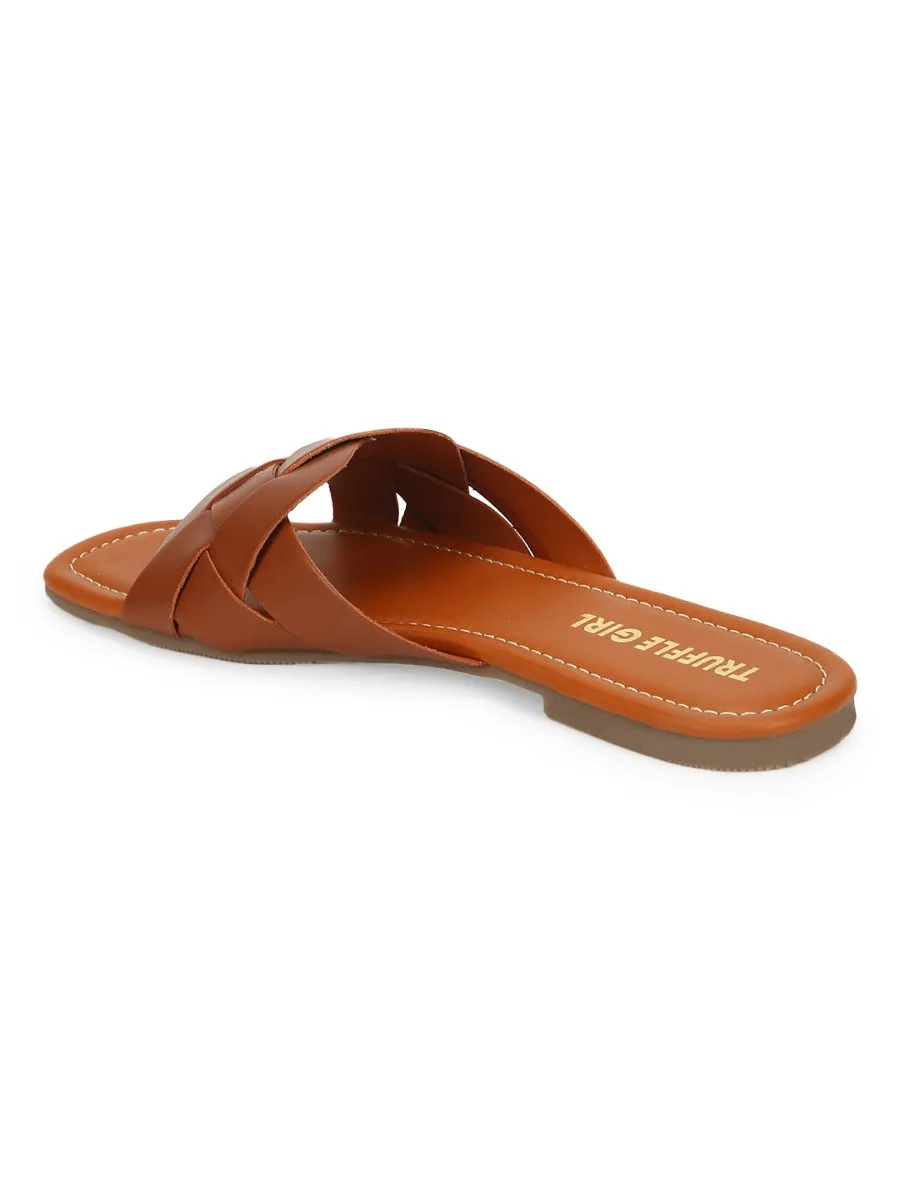 Tan PU Woven Strap Slip Ons