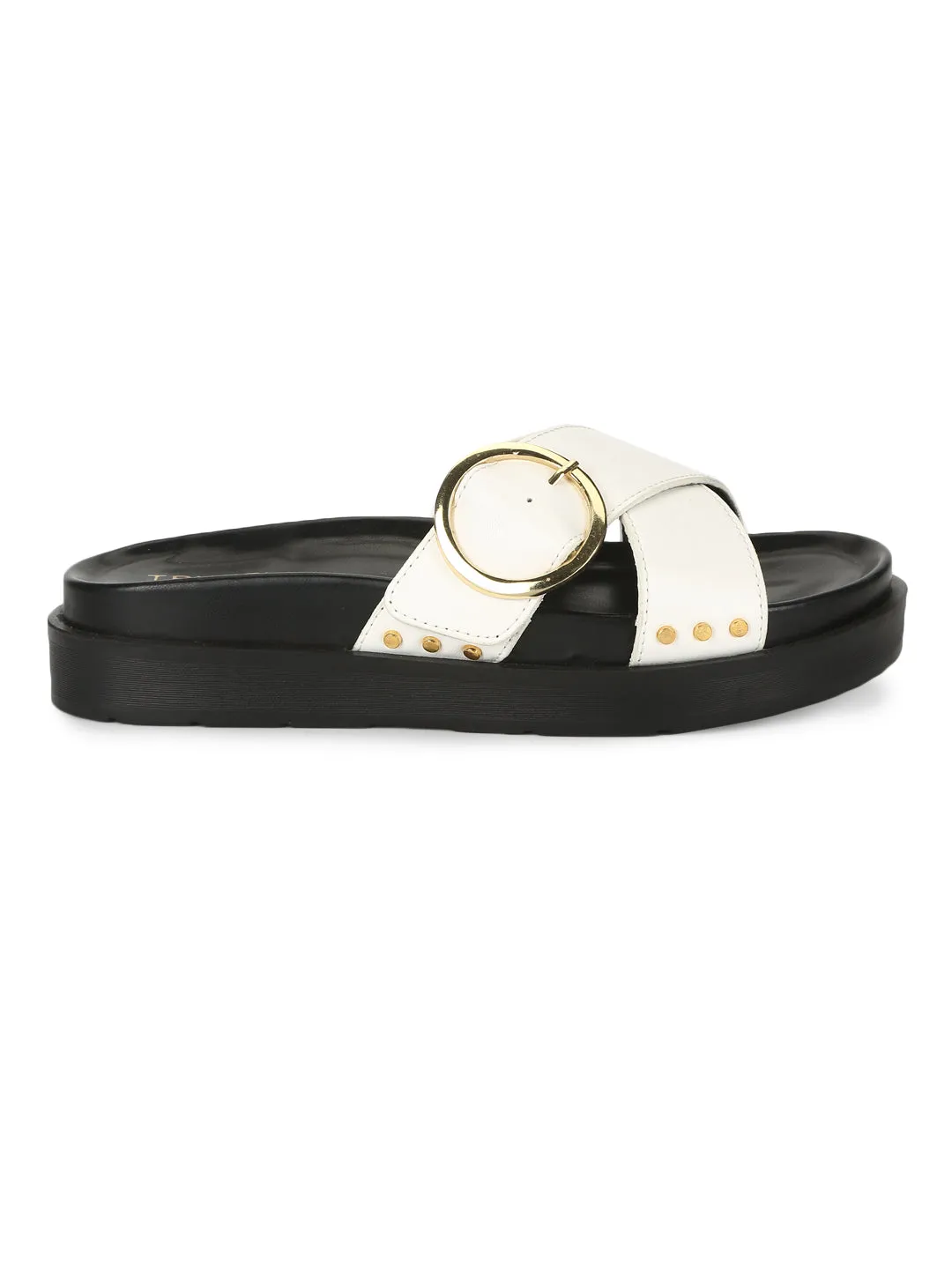 White PU Crisscross Side Buckle Slides