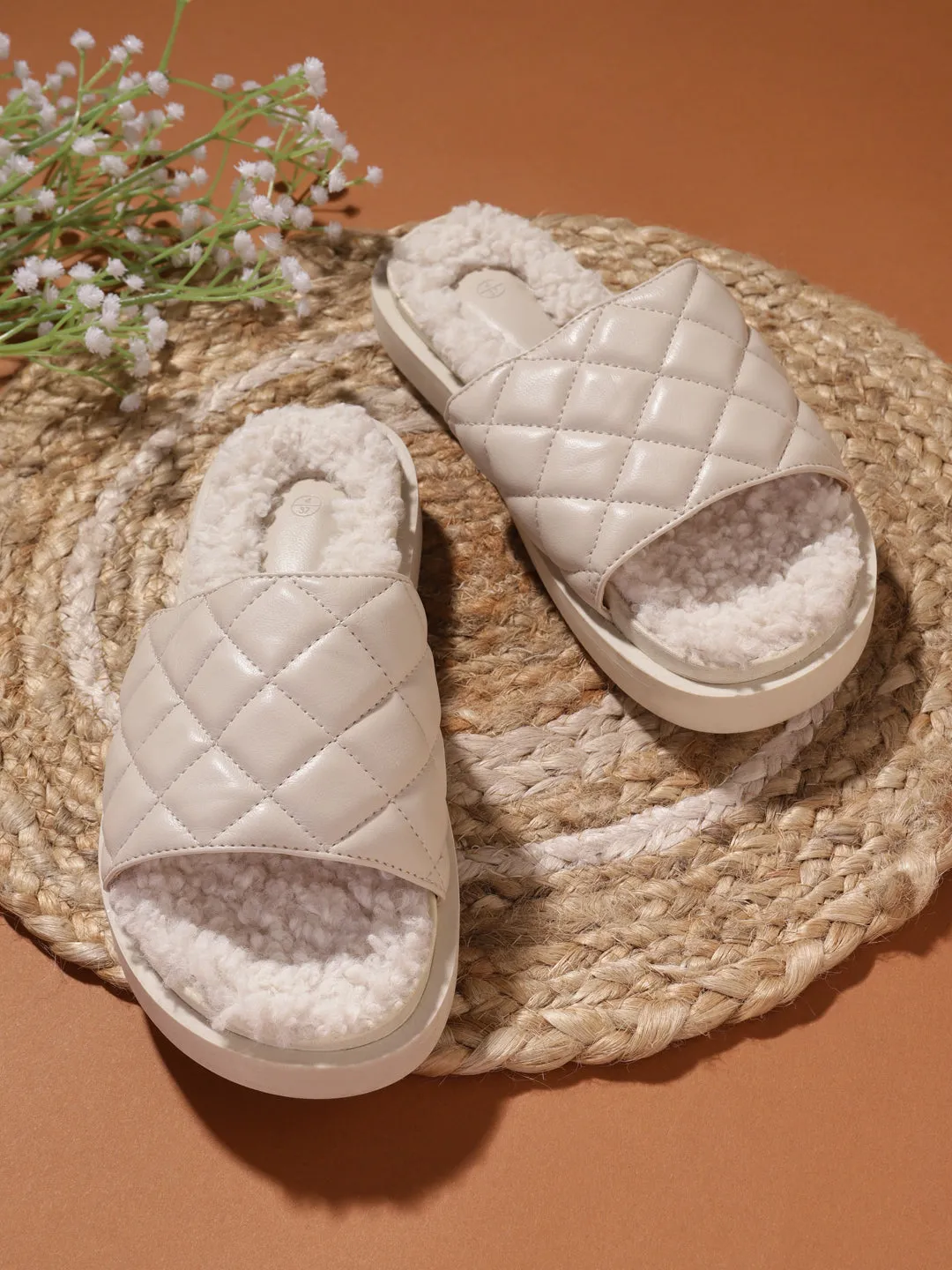 White PU Faux Fur Quilted Slip Ons (TC-RLST7-WHT)