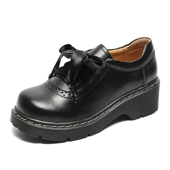 Womens Round Toe Retro Ribbon Lace Up Oxford Shoes