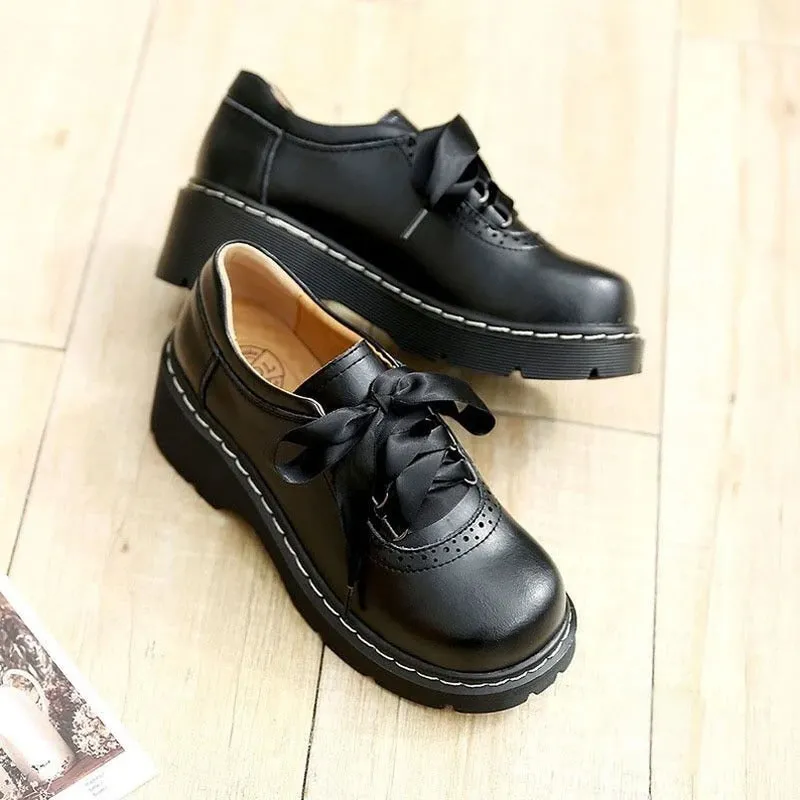 Womens Round Toe Retro Ribbon Lace Up Oxford Shoes