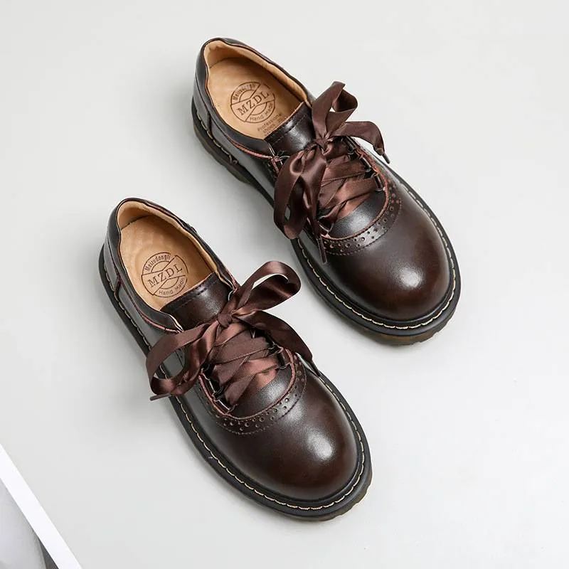 Womens Round Toe Retro Ribbon Lace Up Oxford Shoes